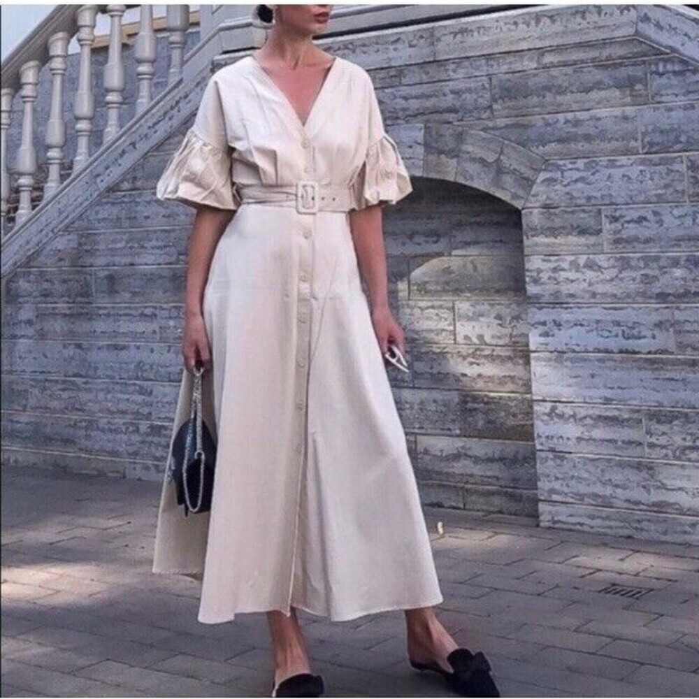 Zara Balloon Sleeve Midi Dress Women M Belted Button Front Cotton Lyocell NWOT